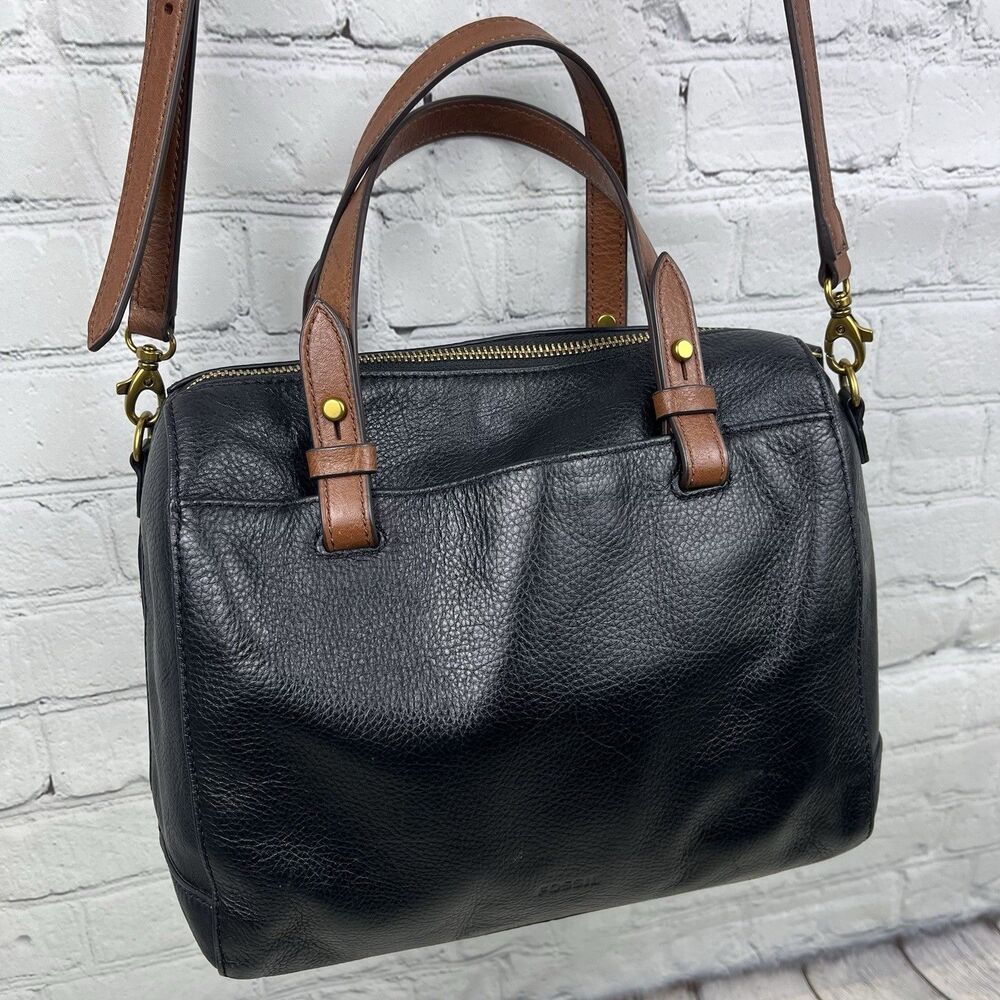 FOSSIL Rachel Satchel Handbag Pebbled Black Leather Crossbody Purse